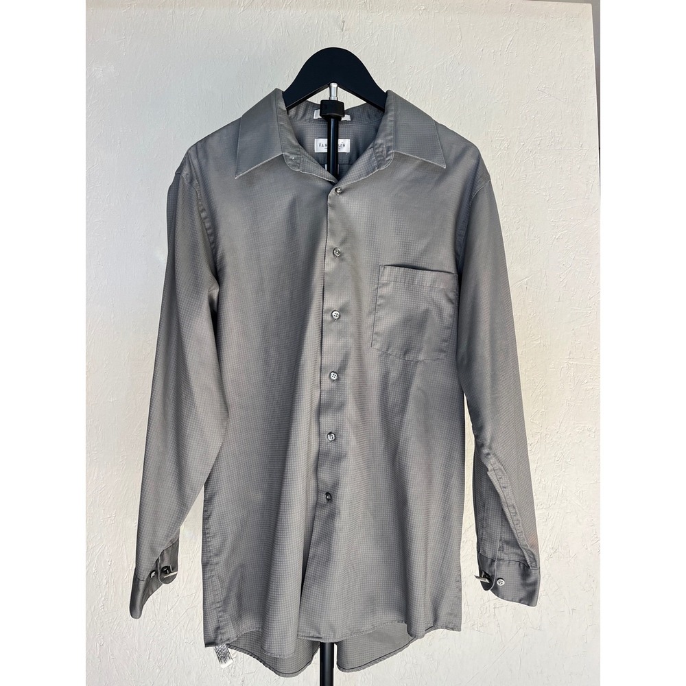 Van Heusen Mens Grey Sateen Micro Grid Button Dn Dress Shirt Size 16-16.5 32/33